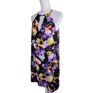 BEIGE by ECI ~Woman Size L~Black/Multi Floral Print Shift Halter Dress Lined NWT